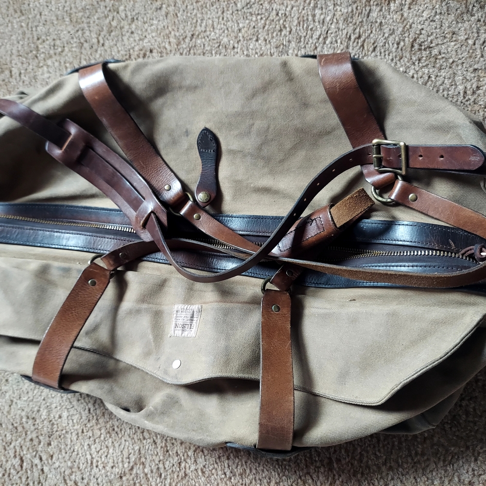 Men's Tan and Brown Leather Strap Bag